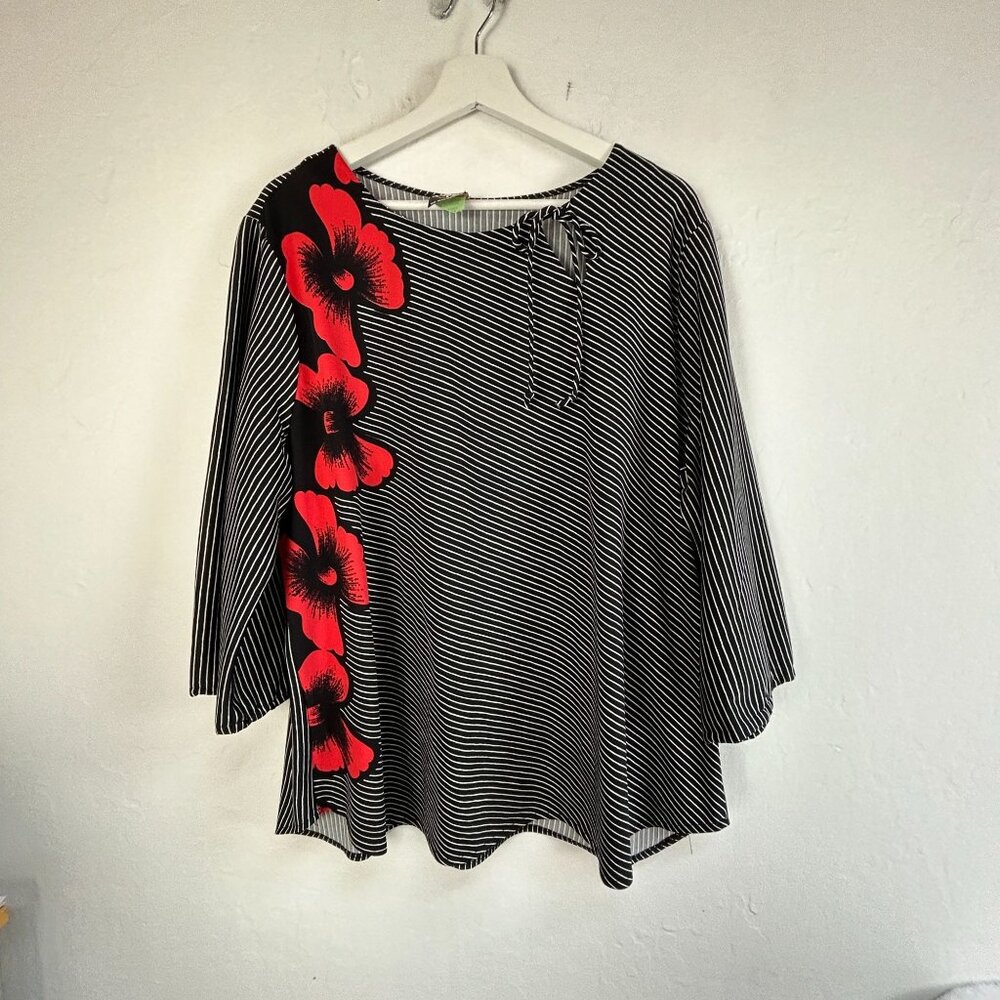 Style Plus California Womens Black White Striped Tunic Red Floral 3/4 Sleeve 44